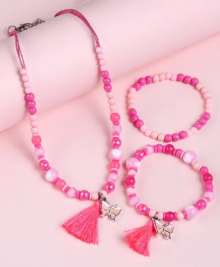 Babyhug Butterfly Charms With Tassel Neck Piece & Bracelets - Pink