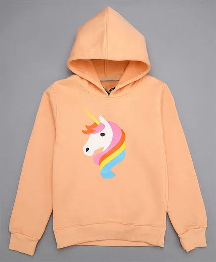 Little Jump Full Sleeves Unicorn Printed Fleece Hoodie - Peach