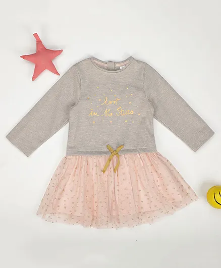 Little Jump Full Sleeves Lost In The Stars Glitter Printed Embellished Dress - Grey