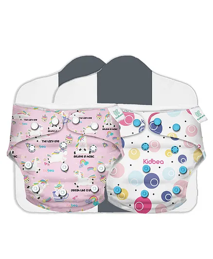 Kidbea Junior Adjustable Baby Cloth Diapers with Insets Unicorn & Polka Pack of 2 - Multicolor