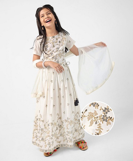 Earthy Touch Woven Half Sleeves Floral Embroidered Choli Lehenga Set with Dupatta - White