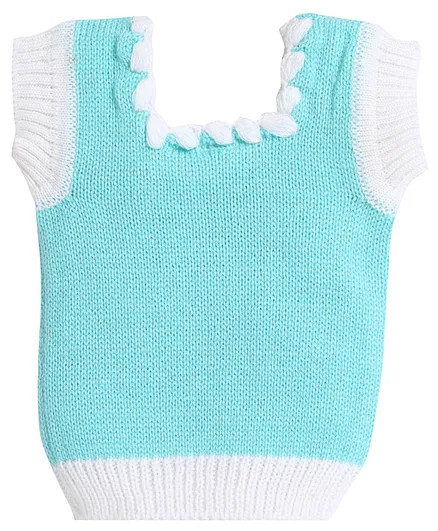 Little Angels Short Sleeves Handmade Crochet Neck Detailing Self Design Sweater Vest - Green