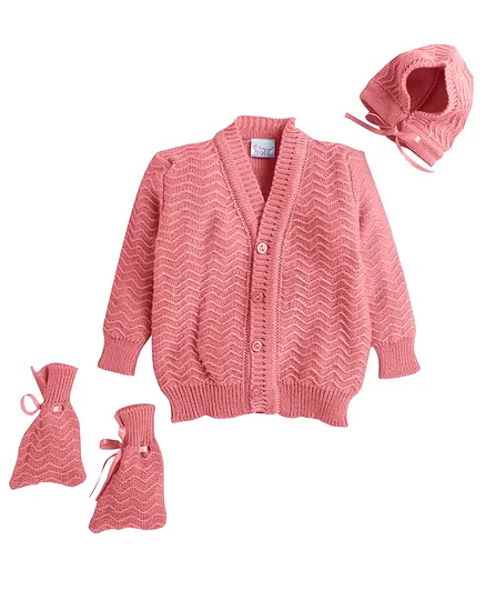 Little Angels Full Sleeves Self Design Front Open Sweater With Matching Cap And Socks - Pink