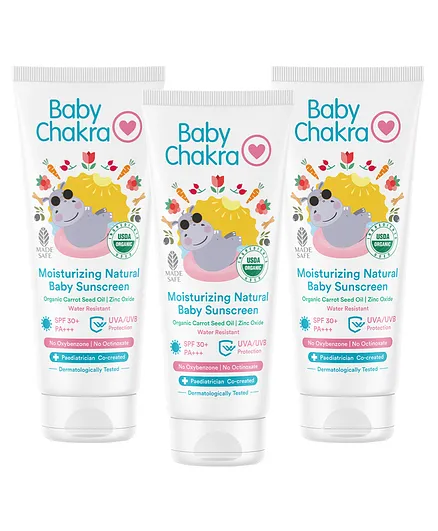BabyChakra Moisturising Natural Sunscreen SPF 30+ PA+++ UVA UVB Protection Pack of 3 - 60 g Each