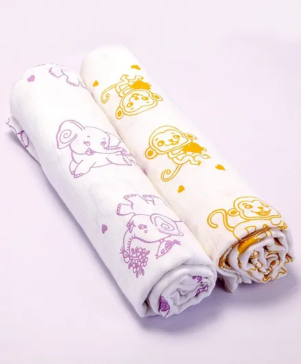 Kaarpas premium Organic Cotton Muslin Baby Wrap Swaddle Adorable Monkey & Elephant, Pack of 2 Large Size