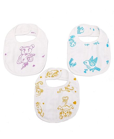 Kaarpas Premium Organic Cotton Muslin Bibs Adorable Animals Print Pack of 3 Large Size - Multicolor