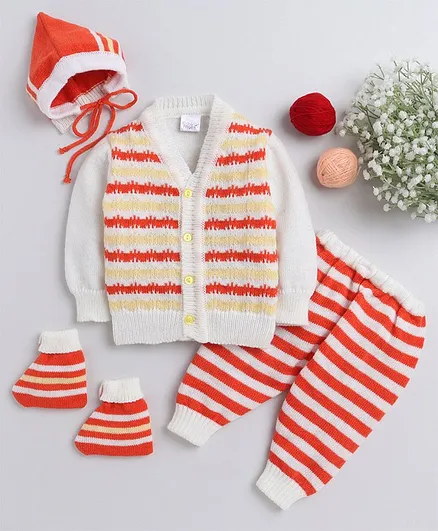 Little Angels Full Sleeves Striped Front Open Sweater With Pant Cap And Socks - White Orange