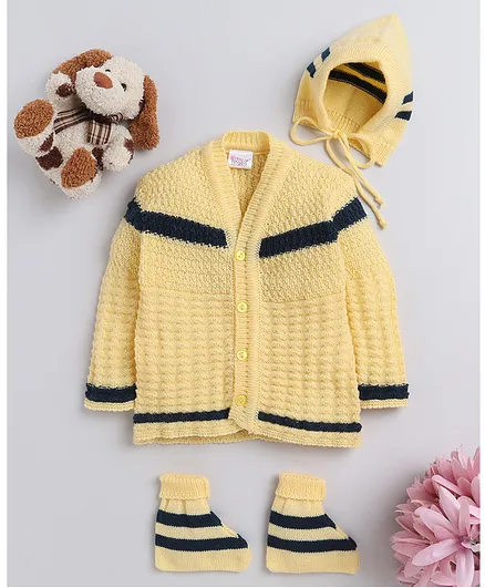 Little Angels Full Sleeves Colour Blocked Front Open Sweater Set - Yellow & Navy Blue