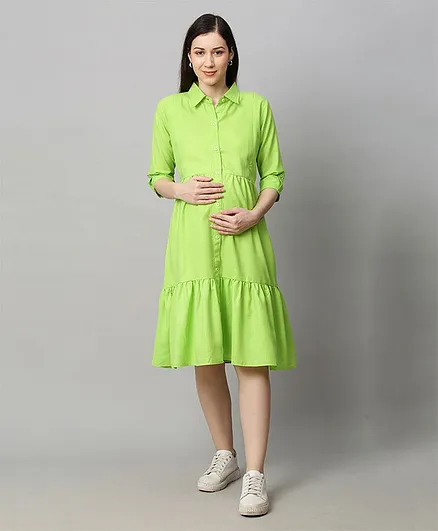 MomToBe Three Fourth Sleeves Tiered Maternity Shirt Dress - Light Green