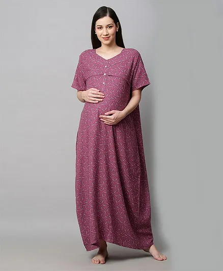 MomToBe Half Sleeves Seamless Leaf Printed Maternity Nighty - Purple