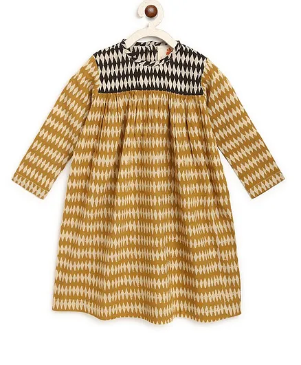 Charkhee Full Sleeves Gathered Yoke Block Printed Dress - Mustard Brown & Black