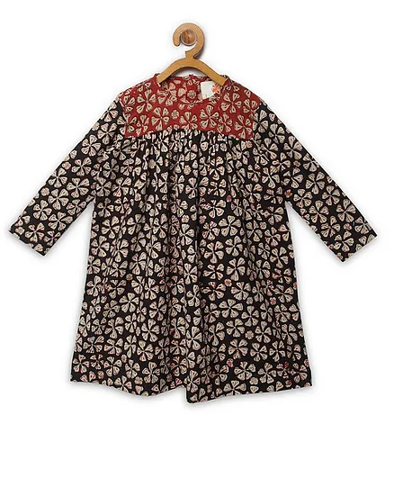 Charkhee Full Sleeves Flower Printed Dress - Red & Black
