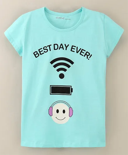 Doreme Cotton Single Jersey Half Sleeves Top Text Print - Light Blue