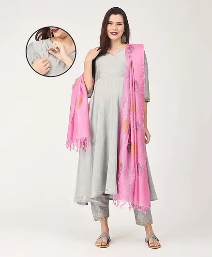 The Mom Store Three Fourth Sleeves Flared Maternity Kurta & Salwar With Motif Design Detailed Dupatta - Grey