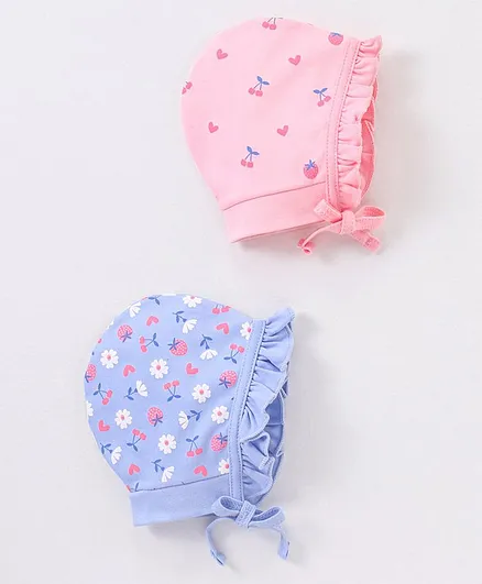 Babyhug Cotton Caps Floral Print Pack of 2 - Blue & Pink