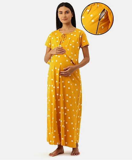 Nejo 100% Cotton Half Sleeves Dots Printed Concealed Zipper Detail Maternity Night Dress - Yellow