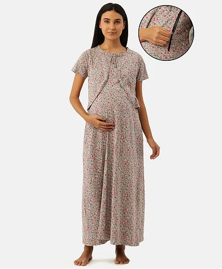 Nejo 100% Cotton Half Sleeves Floral Printed Concealed Zipper Detail Maternity Night Dress - Grey