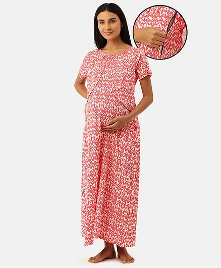 Nejo 100% Cotton Half Sleeves Design Printed Concealed Zipper Detail Maternity Night Dress - Pink