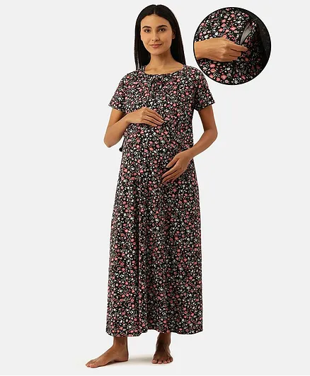 Nejo 100% Cotton Half Sleeves Floral Printed Concealed Zipper Detail Maternity Night Dress - Navy Blue