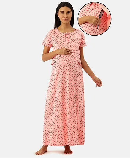 Nejo 100% Cotton Half Sleeves Hearts Printed Concealed Zipper Detail Maternity Night Dress - Pink