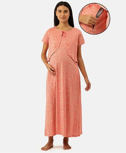 Nejo 100% Cotton Half Sleeves Floral Printed Concealed Zipper Detail Maternity Night Dress - Pink