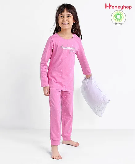 Honeyhap Premium 100% Cotton Rich Full Sleeves Ditsy Heart Print Bio Washed Night Suit - Prism Pink