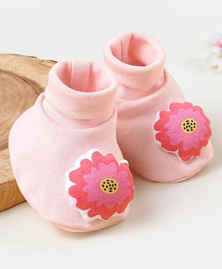 Babyhug 100 % Cotton Booties Flower Print- Pink