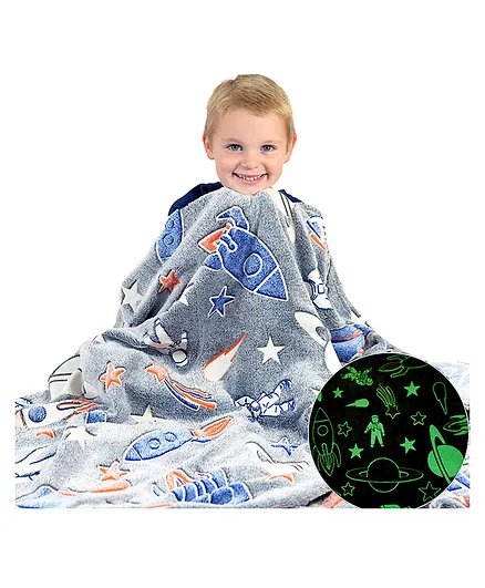 Glow in The Dark Astronaut & Spaceship Blanket Bedroom Decor Travel Lightweight Throw Blankets - Grey and Blue