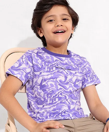 Pine Kids 100% Cotton Half Sleeves Bio Washed T-Shirt Marble Print - White Purple