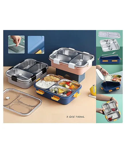 ADKD 3 Grid Insulated Stainless Steel Lunch Box With Spoon Fork & Separate Bowl - 750 ml (Colour May Vary)