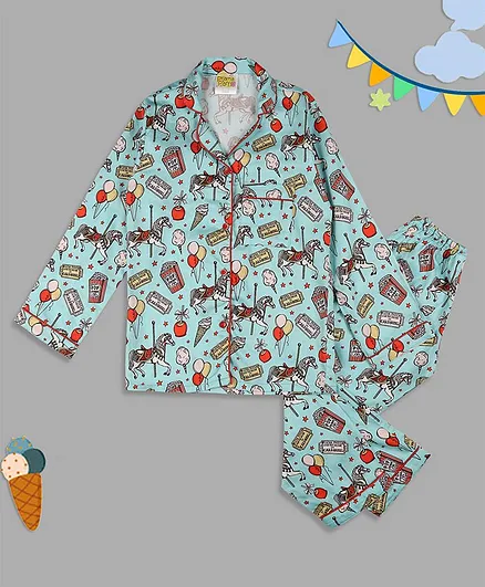 Pyjama Party Full Sleeves Carnival Printed Night Suit - Blue
