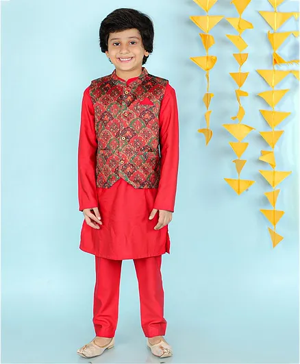 KID1 Full Sleeves Solid Kurta & Pajama With Sleeveless All Over Printed Festive Jacket - Red