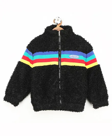 Little Jump Full Sleeves Muticolor Striped Faux Fur Jacket - Black