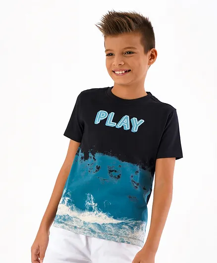 Primo Gino Cotton Half Sleeves HD Gel Text With Discharge Print T-Shirt- Black & Blue