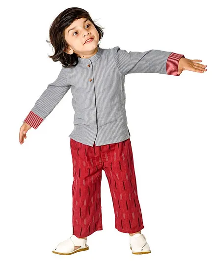 Olesia Full Sleeves Kantha Striped Designed Kurta With Ikat Pant - Grey & Maroon
