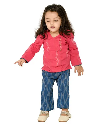 Olesia Full Sleeves Ikat Kurta With Pant - Pink & Blue