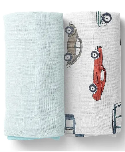 Moms Home Organic Cotton Soft Baby Muslin Swaddle Blue Car Pack of 2 - Multicolour