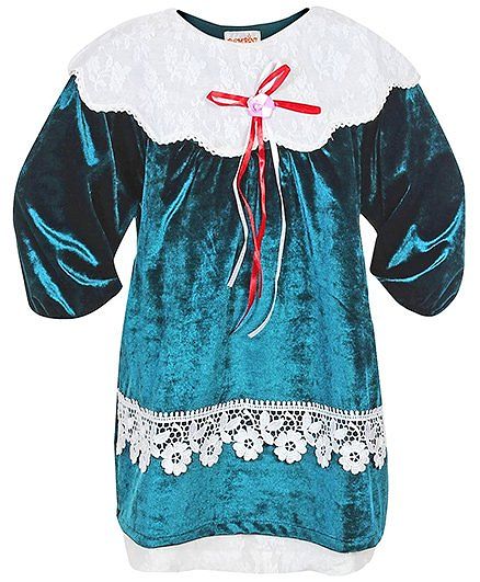 Bambini Party Wear Frock With Satin Rose And Ribbons - Green And White