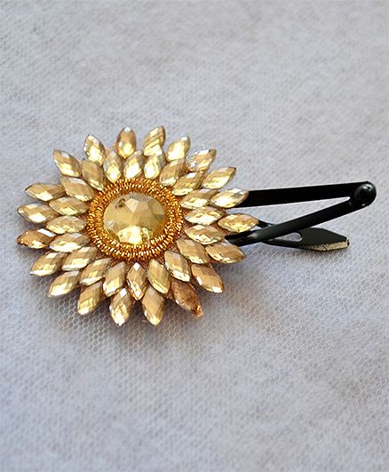 Pretty Ponytails Large Zardozi Flower Crystal Clip - Golden