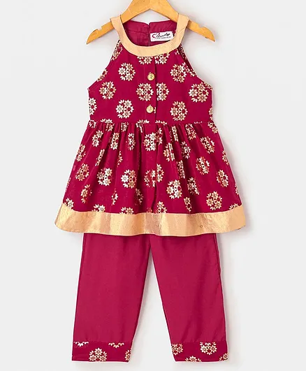 M'andy Sleeveless Floral Foil Printed Halter Neck Kurti With Pyjama - Maroon