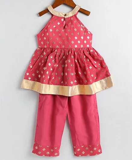 M'andy Sleeveless Floral Foil Printed Halter Neck Kurti With Pyjama - Pink
