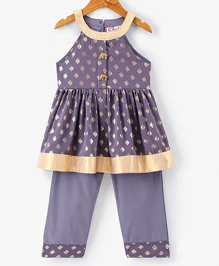 M'andy Sleeveless Floral Foil Printed Halter Neck Kurti With Pyjama - Grey