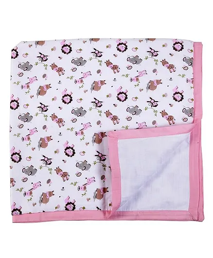 My Milestones Muslin Blanket 2 Layered (43x43 Inches) Zoo Print - Pink