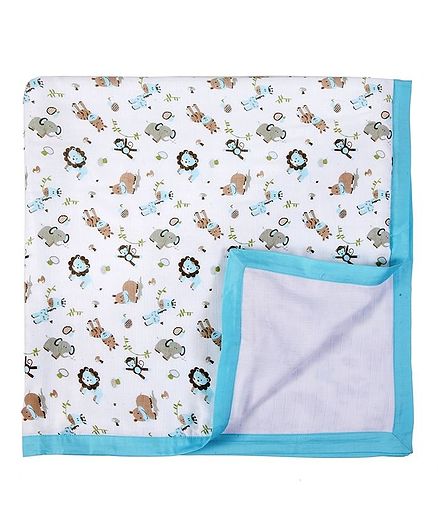 My Milestones Muslin Blanket 3 Layered - Zoo print Blue