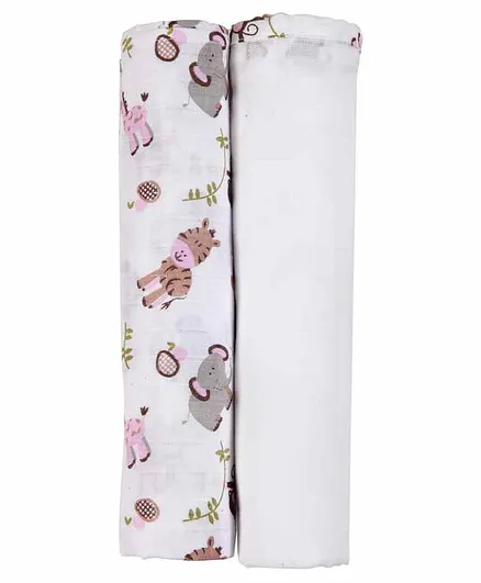 My Milestones 3 in 1 Muslin Swaddle Wrapper Pack of 2 (Size 41x41 Inches) Zoo Print - Pink & White
