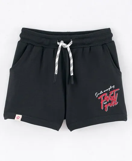 Sundae Kids Cotton Lycra Mid Thigh Length Shorts Text Print- Black