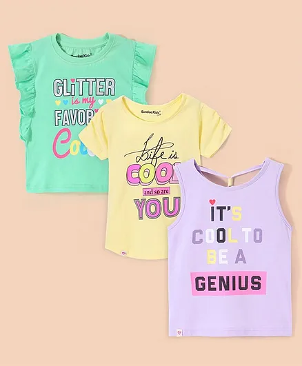 Sundae Cotton Knit Half Sleeves T-Shirts Text Print Pack of 3 - Pista Yellow & Purple