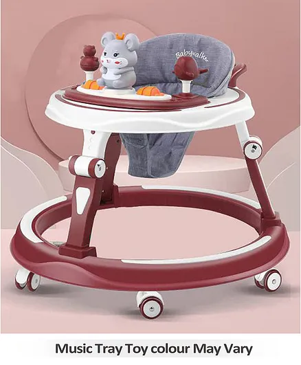Baby Multi Function Adjustable Height Baby Walker with Toy Bar & Music - Red White