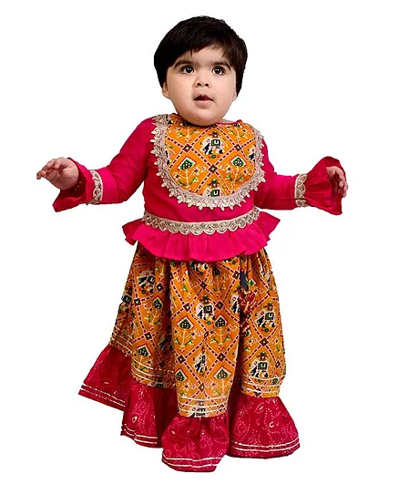 CHAKORI Full Sleeves Patola Foil Print Jaipuri Gota Work Lehenga And Choli - Pink & Orange