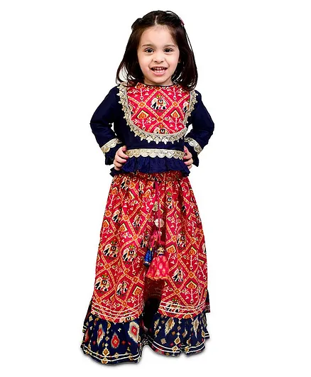 CHAKORI Full Sleeves Patola Foil Print Jaipuri Gota Work Lehenga And Choli - Pink & Navy Blue
